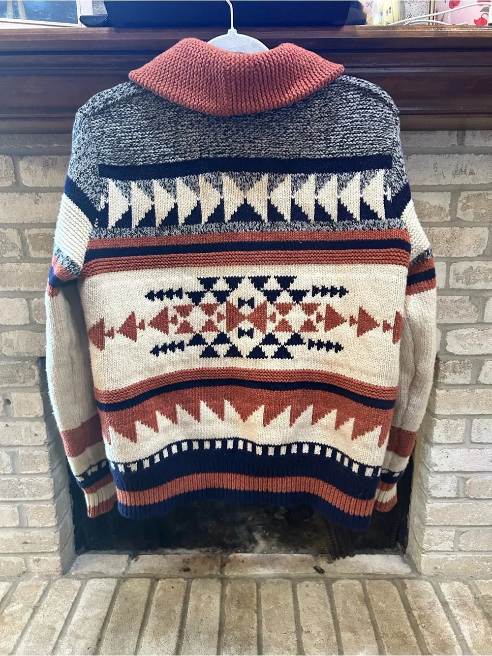 American Eagle Men's Aztec Zip-Up Knit Sweater Jacket - Cream & Rust EUC